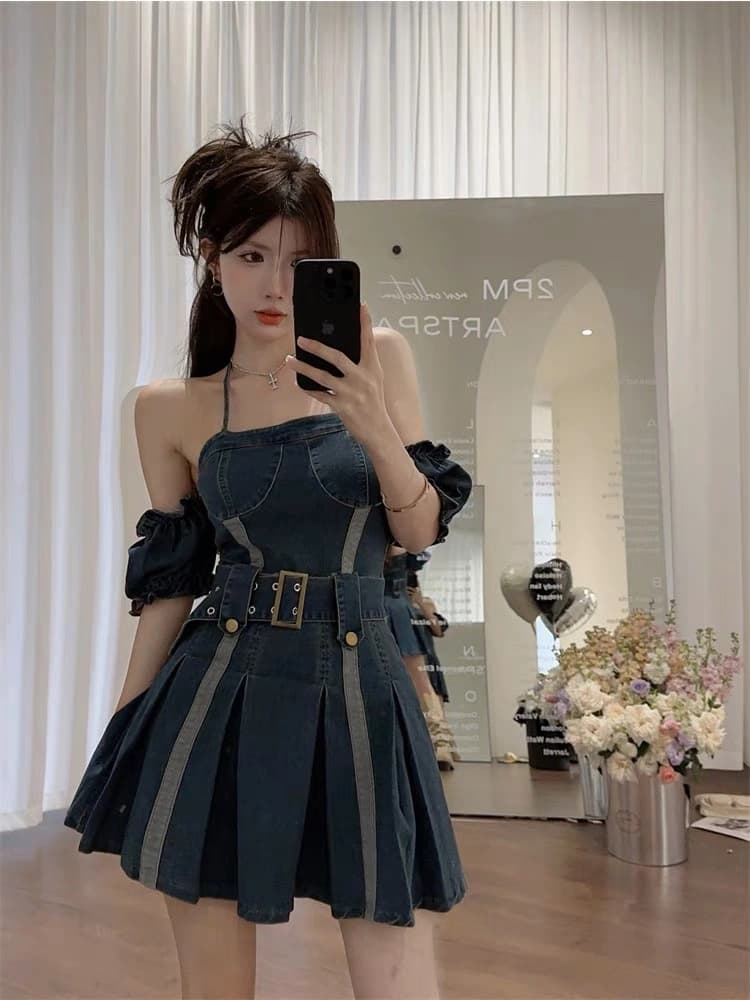 Dress Denim Sabrina Wanita | Mini Dress Puff Sleeve Slim Fit | Dress Vintage Korean Style Kekinian