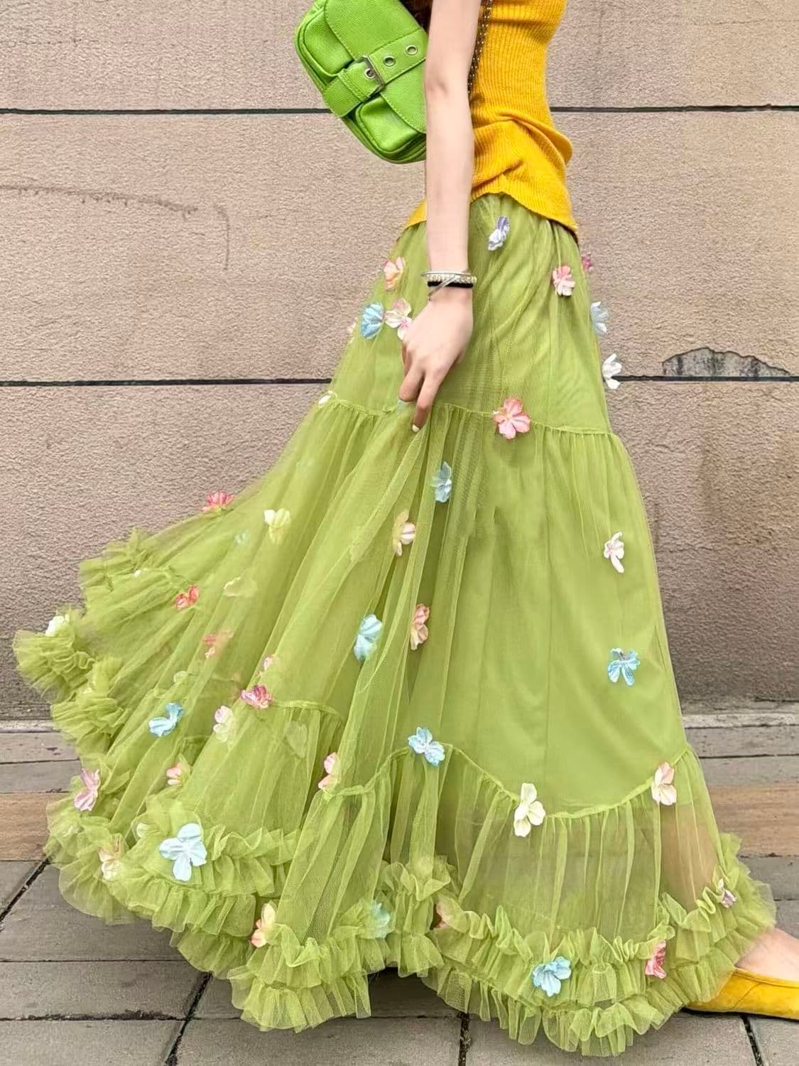 Rok Panjang Tulle Hijau Wanita | Rok High Waist Layered Ruffle Floral | Rok A-Line Korean Style Elegan