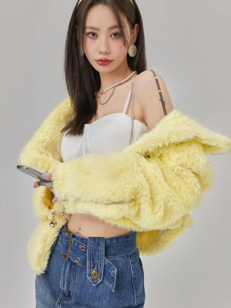 Jaket Bulu Pendek Wanita Warna Kuning Pastel | Cropped Faux Fur Jacket Korean Style | Outer Fluffy Premium